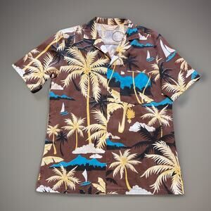 Vintage Don Giovanni Shirt Mens S 70s Brown Abstract Disco Dad Palm Tree Boat